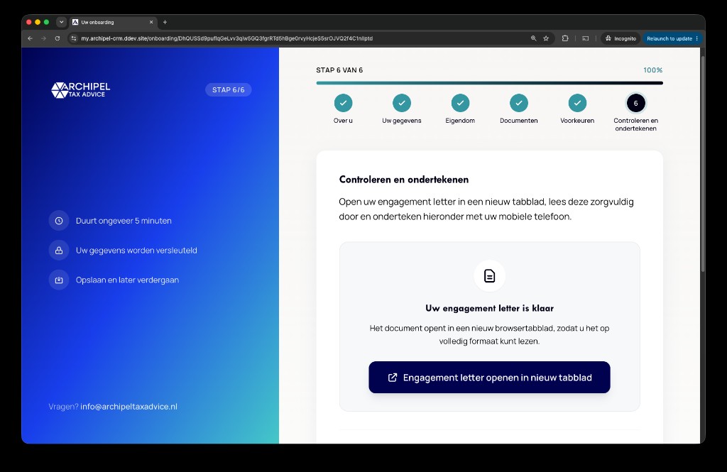 Screenshot van de digitale onboarding in MyArchipel, de klantomgeving van Archipel Tax Advice
