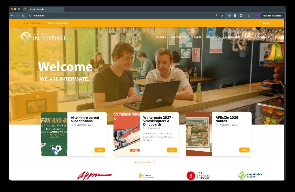 Screenshot van de homepage van studievereniging Intermate