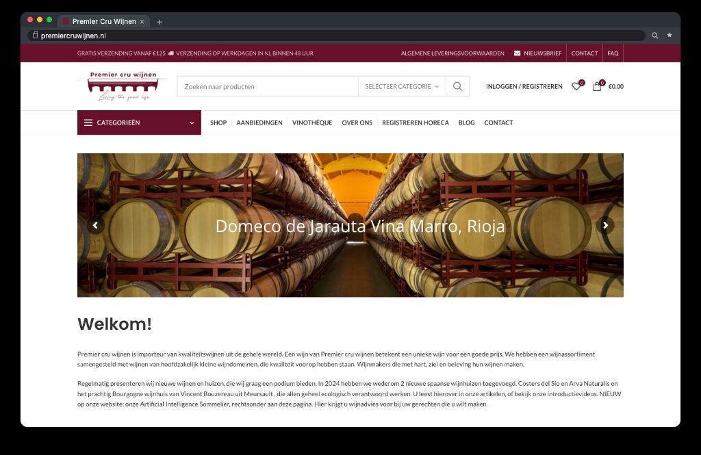 Screenshot van de homepage van Premier Cru Wijnen