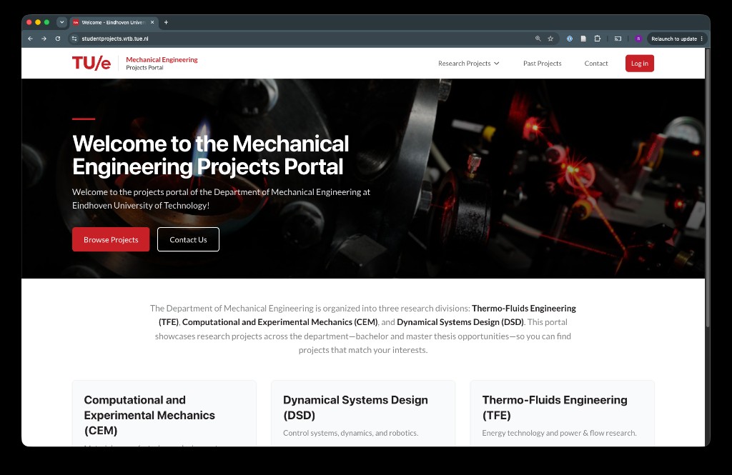 Screenshot van het Mechanical Engineering Projects Portal van de TU/e